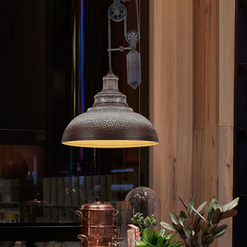 Rustic Industrial Dome Hanging Lamp with Pulley 1 Light Metal Pendant Light Fixture in Brown/Grey for Living Room