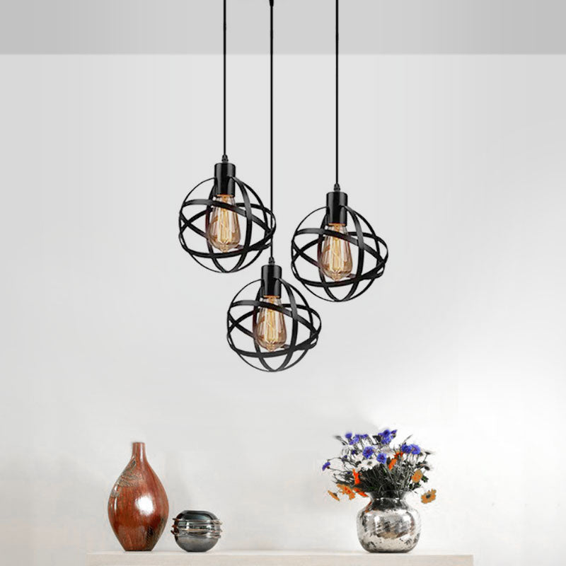 3 Lights Spherical Pendant Light Fixture Industrial Black Metal Hanging Light with Wire Guard for Dining Room