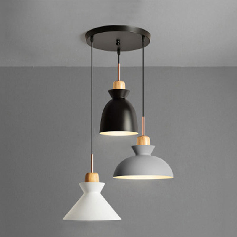 3 Bulbs Pendant Lighting with Shade Metal and Wood Nordic Style Indoor Ceiling Light Fixture in Black