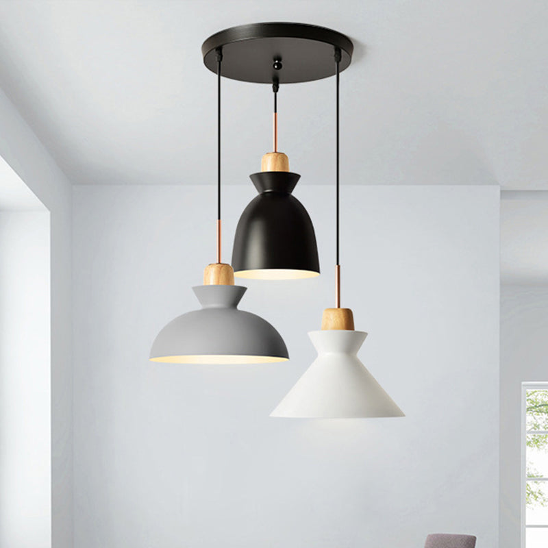 3 Bulbs Pendant Lighting with Shade Metal and Wood Nordic Style Indoor Ceiling Light Fixture in Black