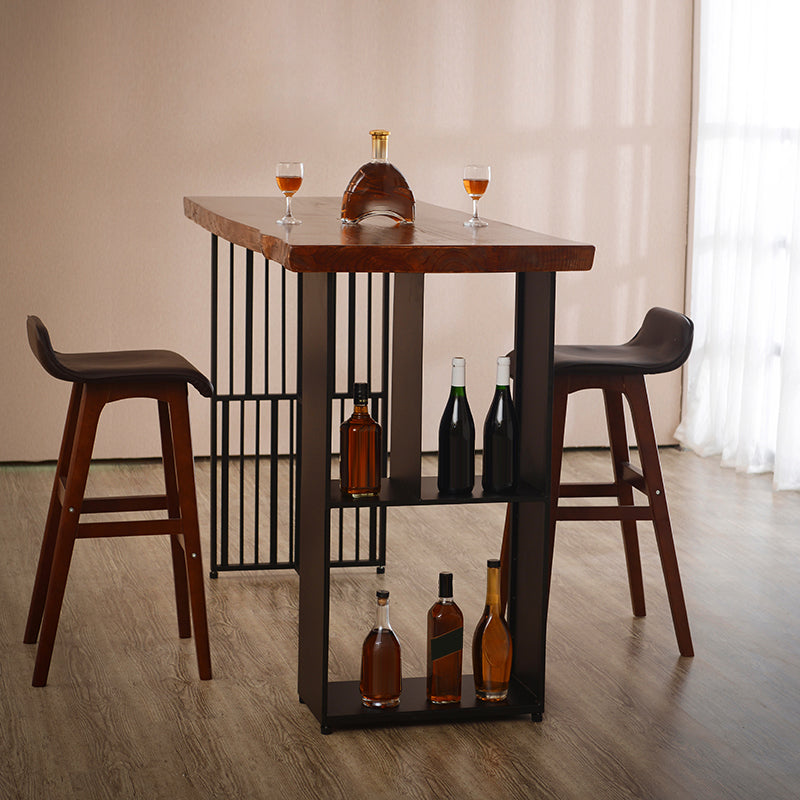 Contemporary Rectangle Bar Table Solid Wood Brown Bar Dining Table with Storage