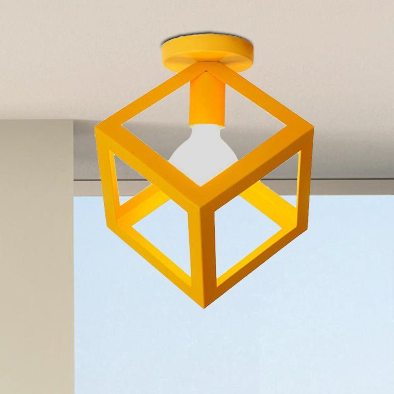 1 Light Squared Ceiling Mounted Light with Wire Guard Loft Style Black/Gray Metallic Semi-Flush Lighting for Bedroom