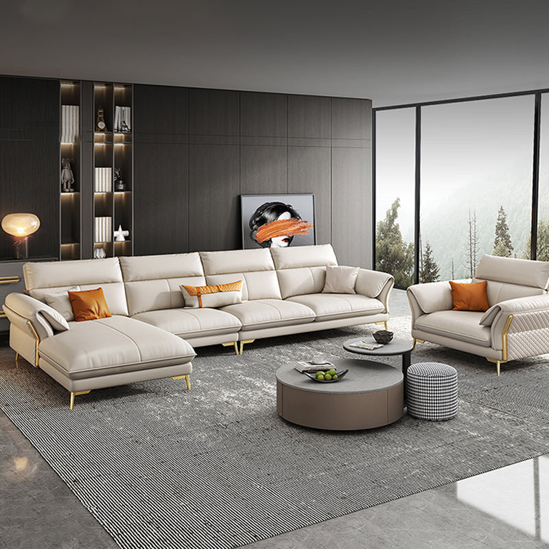Genuine Leather Sectional Sofa 37.4" High Cream Sofa with Cushion Back