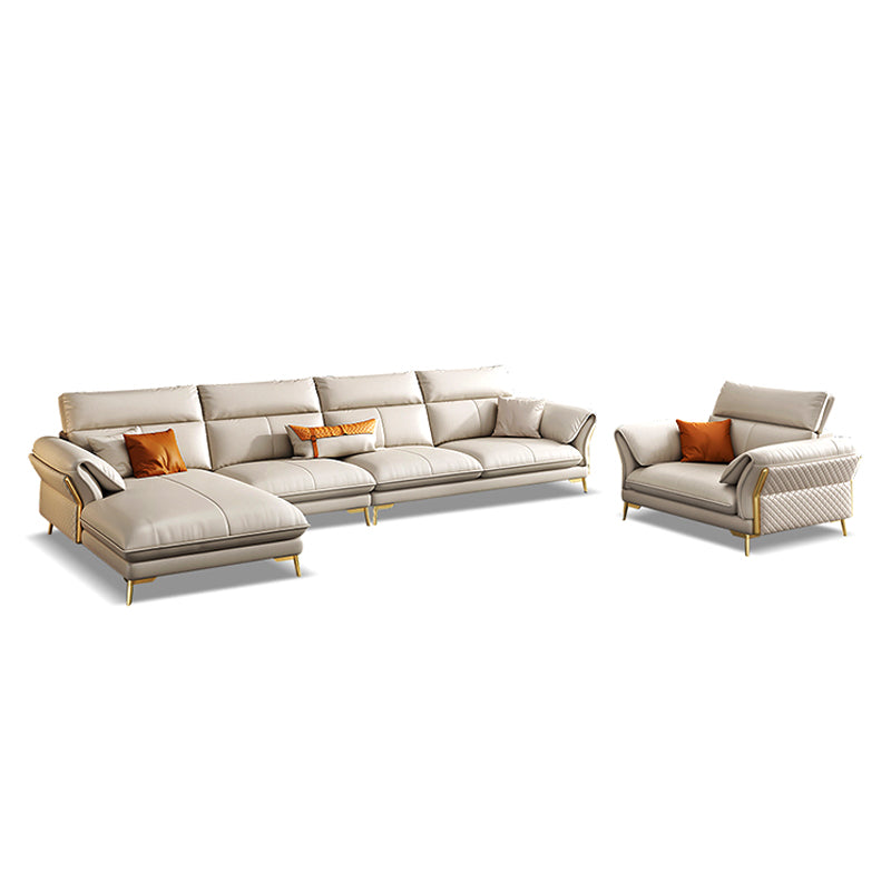 Genuine Leather Sectional Sofa 37.4" High Cream Sofa with Cushion Back
