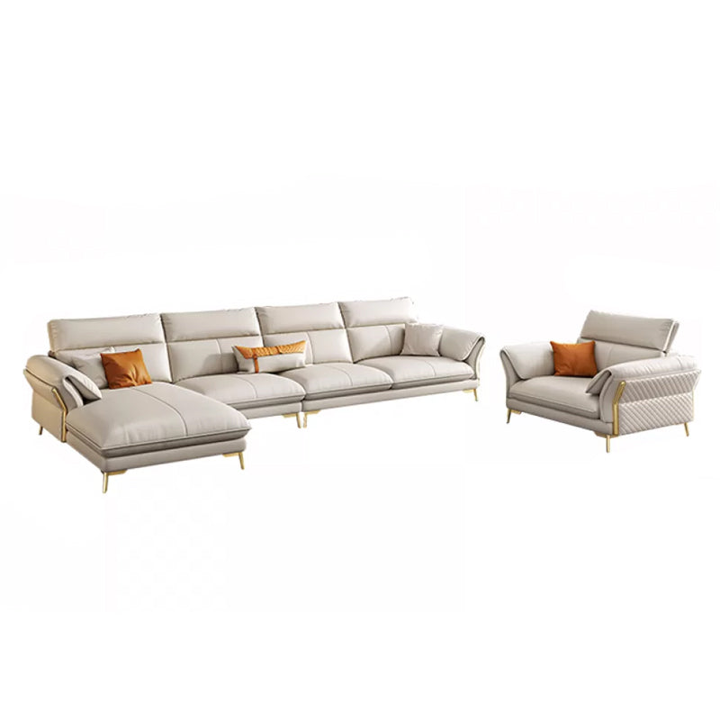 Genuine Leather Sectional Sofa 37.4" High Cream Sofa with Cushion Back