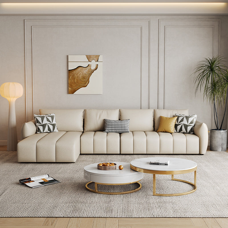 Faux Leather Sectional Sofa 32.28" High Cream Sofa with Pillowed Back Cushions