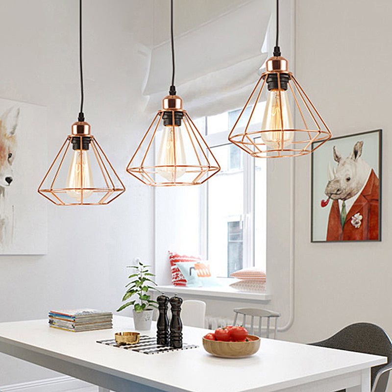 3 Lights Metal Pendant Lamp Loft Style Polished Copper Diamond Caged Indoor Hanging Fixture in Black Finish
