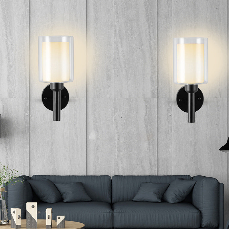 Minimalism Wall Sconce Cylinder-Shade Wall Light Fixture with Glass for Bedroom