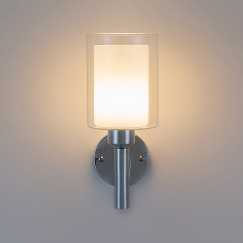 Minimalism Wall Sconce Cylinder-Shade Wall Light Fixture with Glass for Bedroom