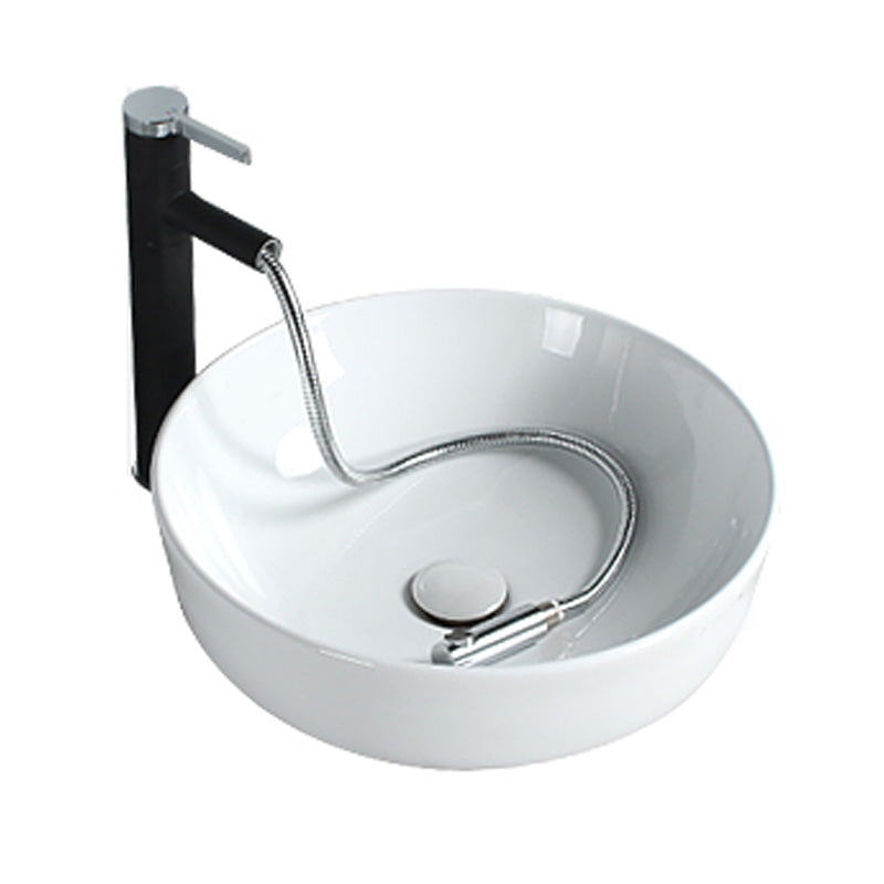 Modern Bathroom Sink Porcelain Round Vessel Lavatory Sink with Pop-Up Drain