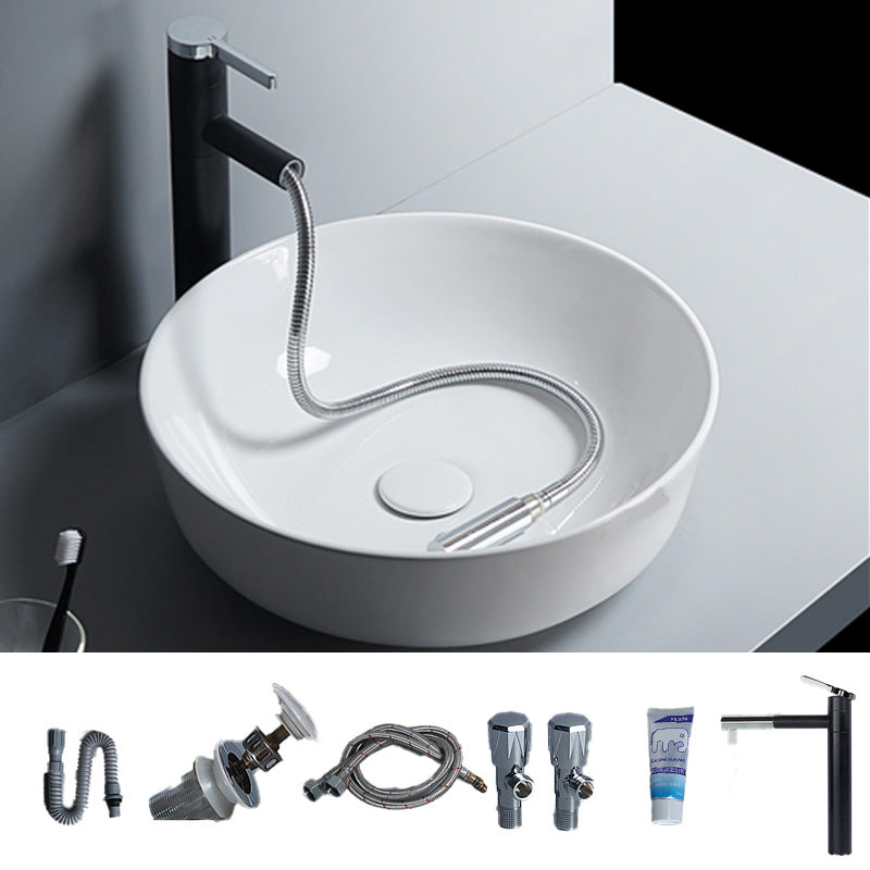 Modern Bathroom Sink Porcelain Round Vessel Lavatory Sink with Pop-Up Drain