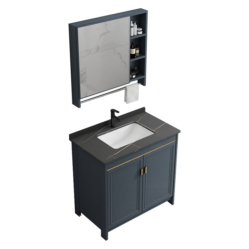 Blue Bathroom Vanity Metal Frame Single Sink Rectangle Mirror Bath Vanity with 2 Doors