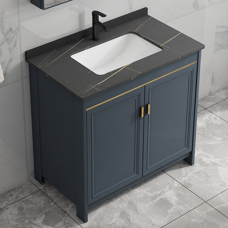 Blue Bathroom Vanity Metal Frame Single Sink Rectangle Mirror Bath Vanity with 2 Doors