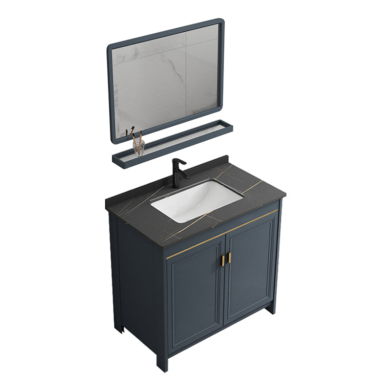Blue Bathroom Vanity Metal Frame Single Sink Rectangle Mirror Bath Vanity with 2 Doors