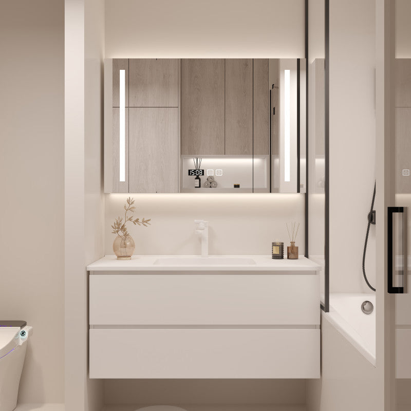 White Bathroom Vanity Wood Rectangle Single Sink Wall Mount 2 Drawers Vanity Set