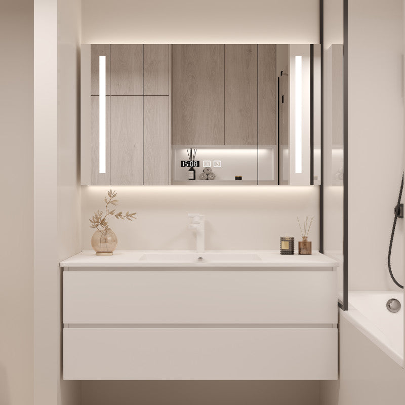 White Bathroom Vanity Wood Rectangle Single Sink Wall Mount 2 Drawers Vanity Set