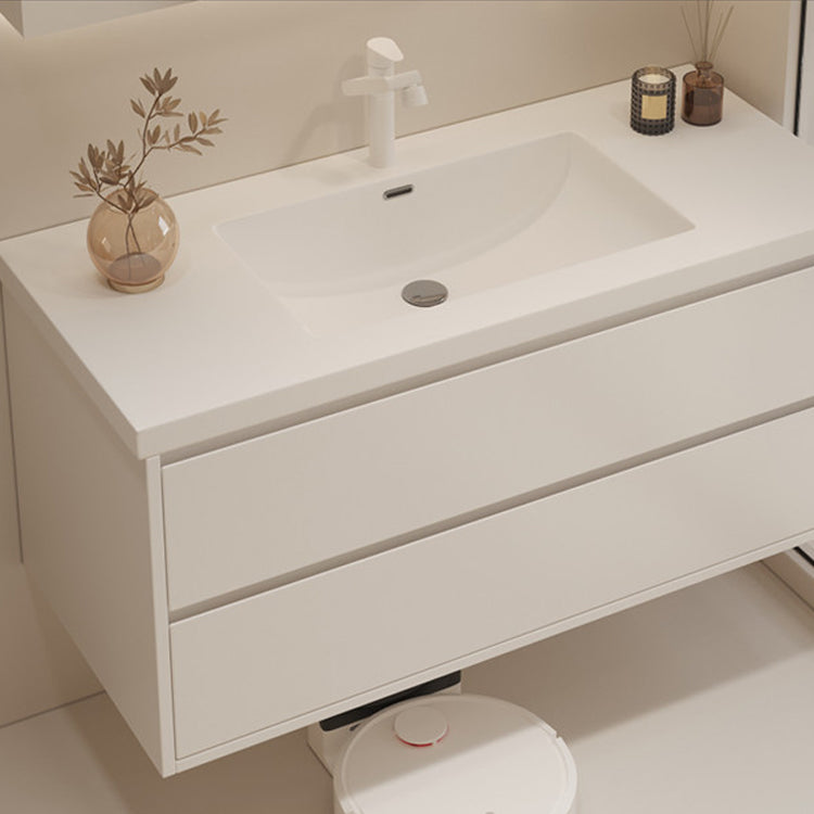 White Bathroom Vanity Wood Rectangle Single Sink Wall Mount 2 Drawers Vanity Set