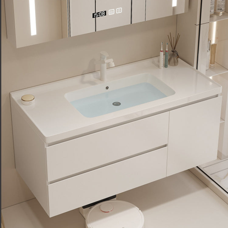 White Bathroom Vanity Wood Rectangle Single Sink Wall Mount 2 Drawers Vanity Set