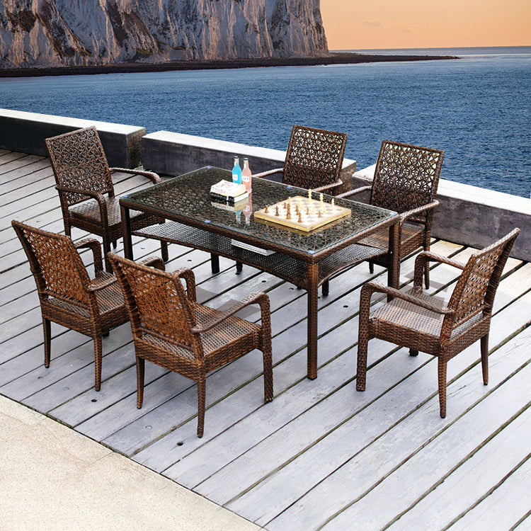 Contemporary Glass Top Dining Table Set 1/2/5/7 Pcs Brown Wicker Dining Set