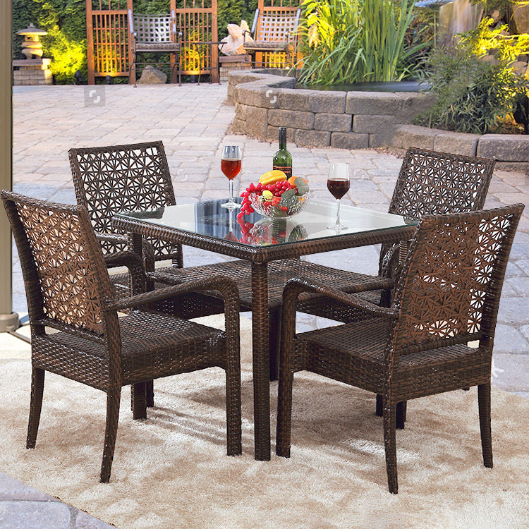 Contemporary Glass Top Dining Table Set 1/2/5/7 Pcs Brown Wicker Dining Set