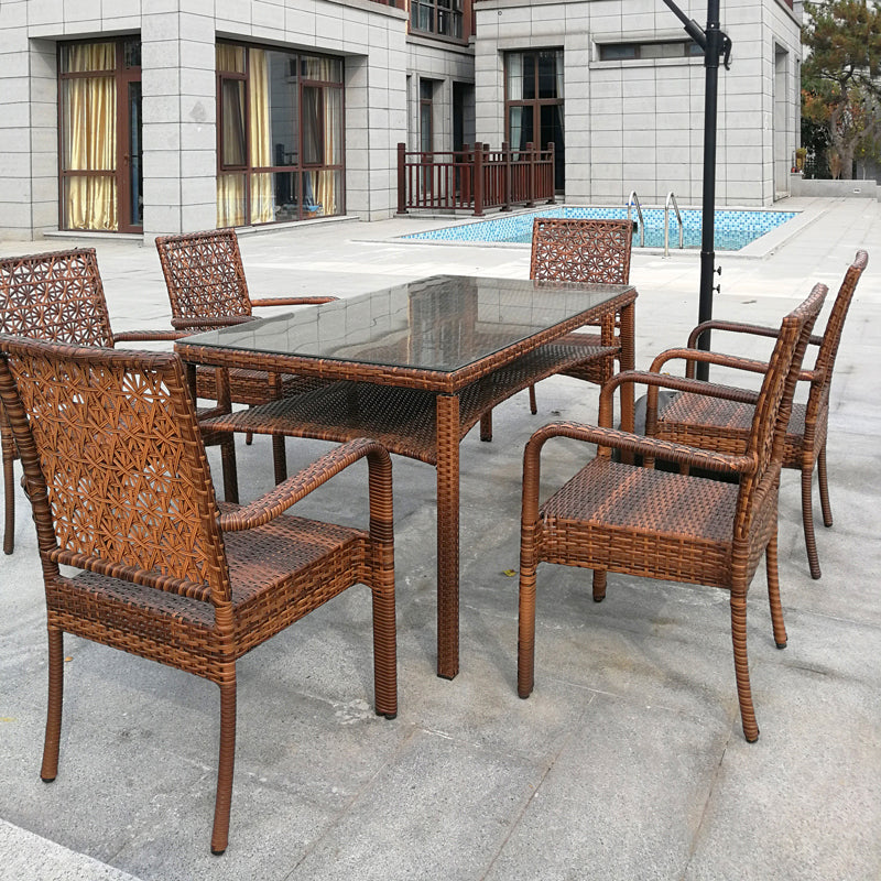 Contemporary Glass Top Dining Table Set 1/2/5/7 Pcs Brown Wicker Dining Set