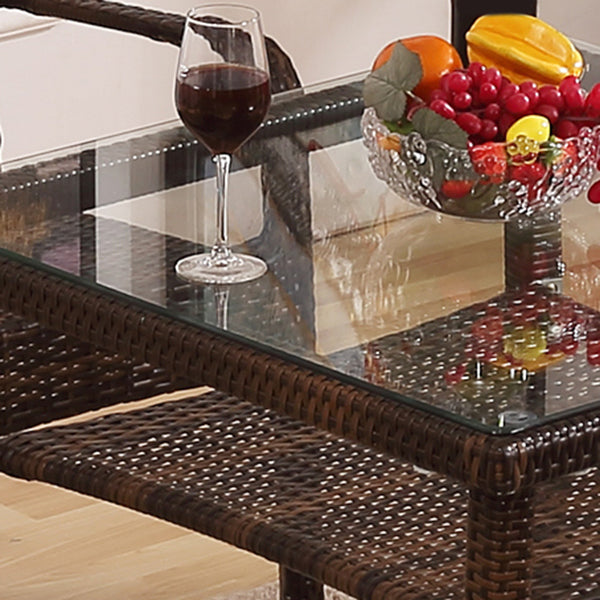 Contemporary Glass Top Dining Table Set 1/2/5/7 Pcs Brown Wicker Dining Set