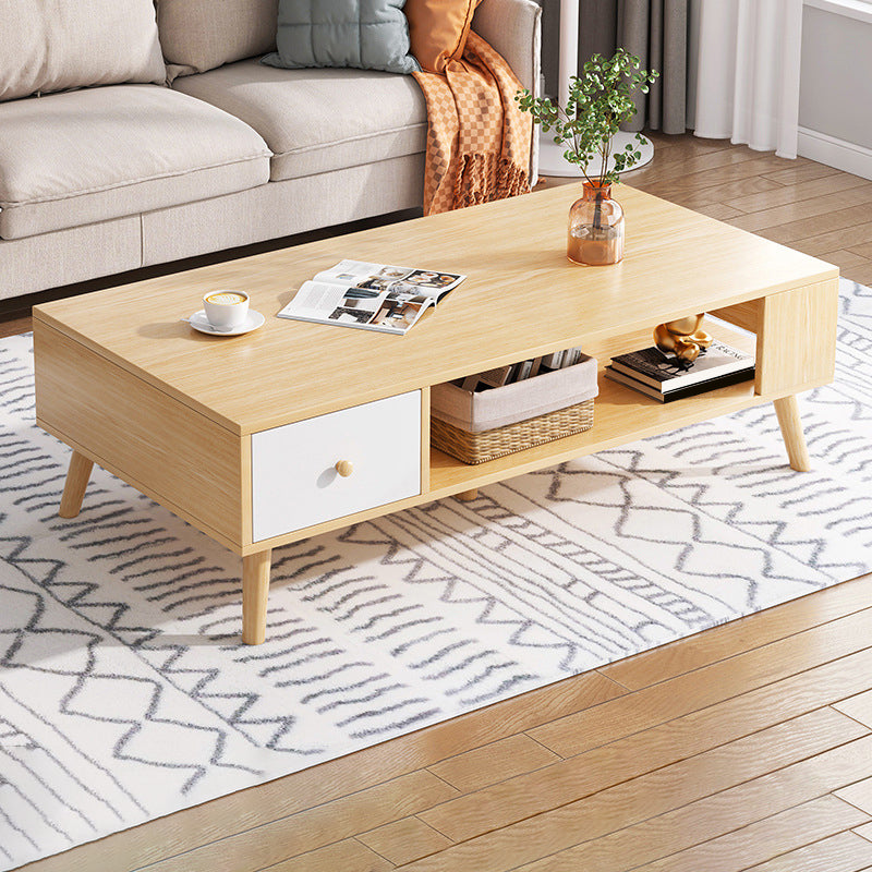 Rectangle Wood Coffee Table 4 Legs Single Coffee Table with Drawer