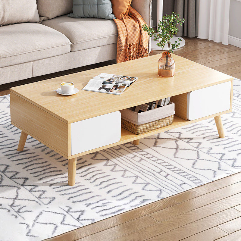 Rectangle Wood Coffee Table 4 Legs Single Coffee Table with Drawer