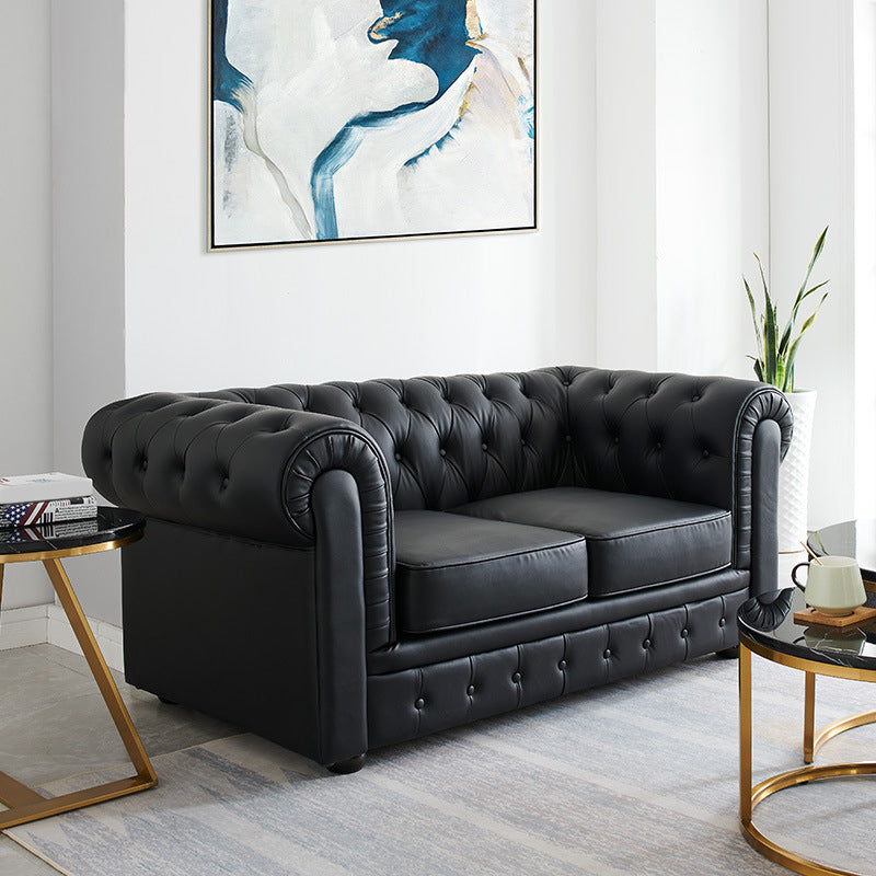 Solid Color Faux Leather Chesterfield Sofa Rolled Arm Tufted Back Sofa