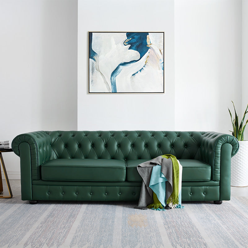 Solid Color Faux Leather Chesterfield Sofa Rolled Arm Tufted Back Sofa