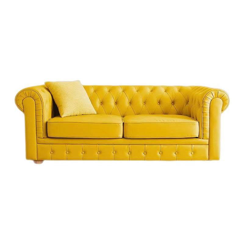 Solid Color Faux Leather Chesterfield Sofa Rolled Arm Tufted Back Sofa
