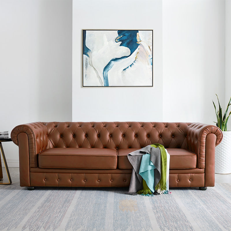 Solid Color Faux Leather Chesterfield Sofa Rolled Arm Tufted Back Sofa
