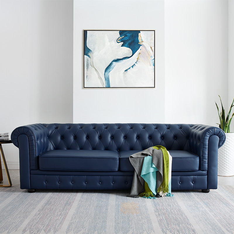 Solid Color Faux Leather Chesterfield Sofa Rolled Arm Tufted Back Sofa
