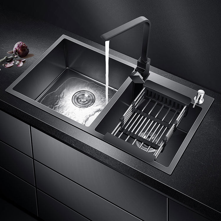 Rectangle Stainless Steel Sink in Black Double Bowl Drop-In Kitchen Sink