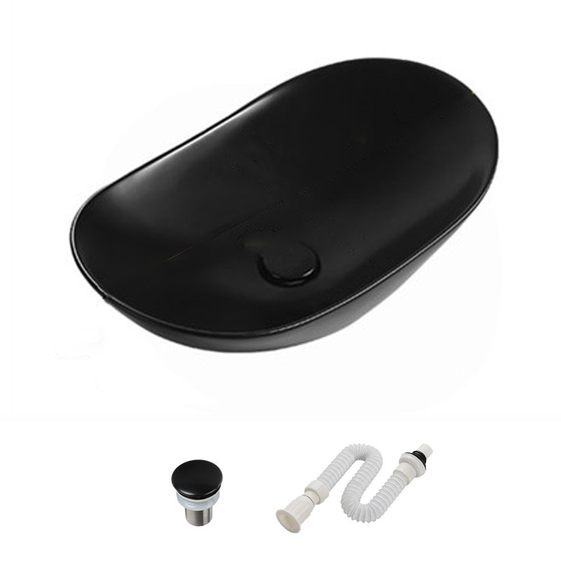 Modern Vessel Bathroom Sink Porcelain Oval with Pop-Up Drain and Faucet Vessel Sink