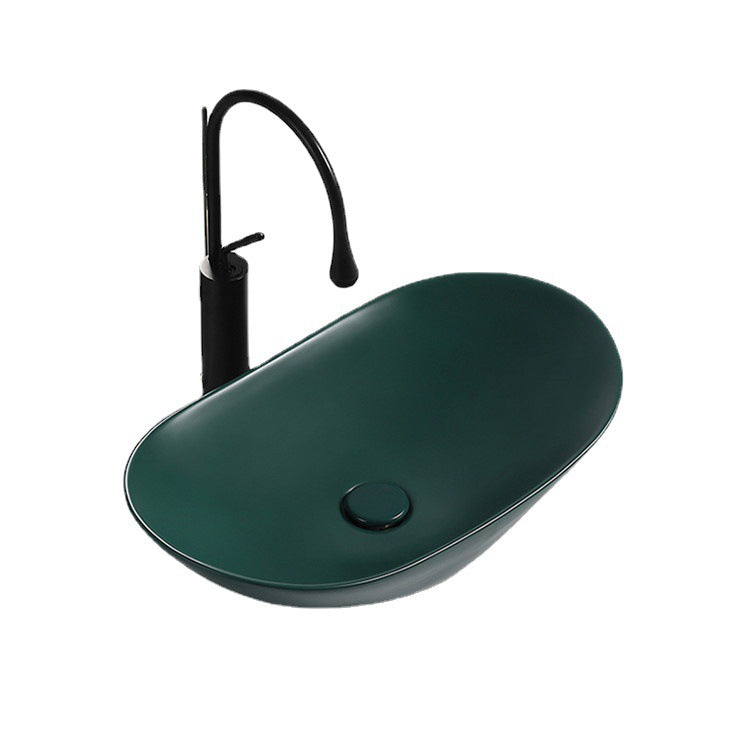 Modern Vessel Bathroom Sink Porcelain Oval with Pop-Up Drain and Faucet Vessel Sink
