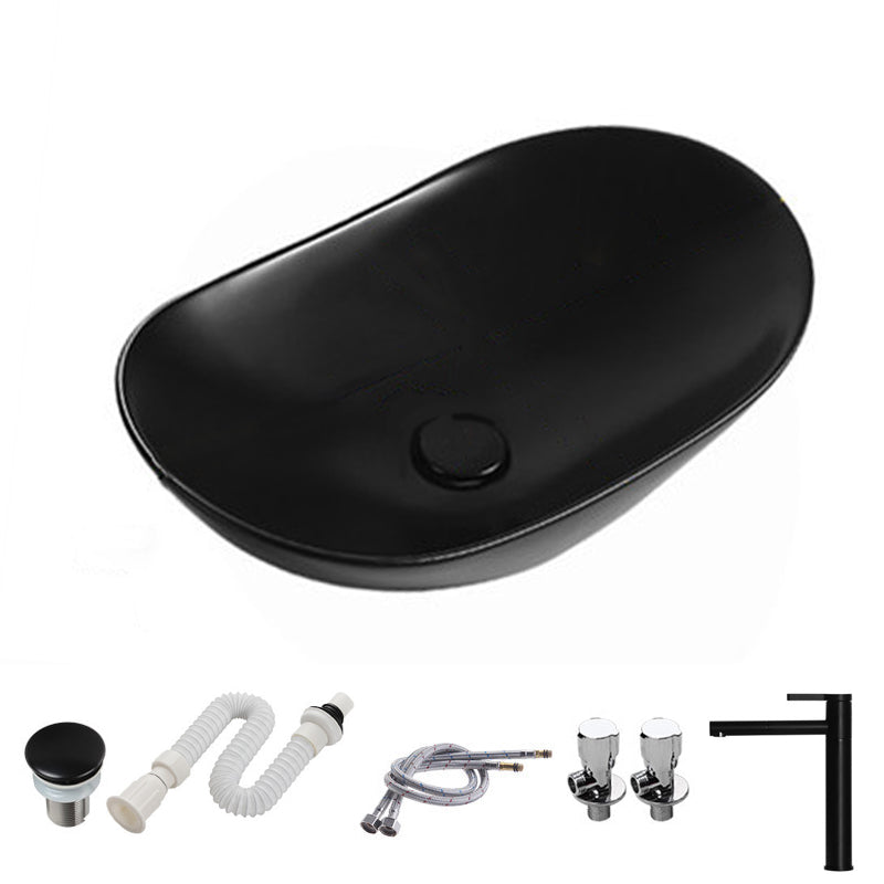 Modern Vessel Bathroom Sink Porcelain Oval with Pop-Up Drain and Faucet Vessel Sink