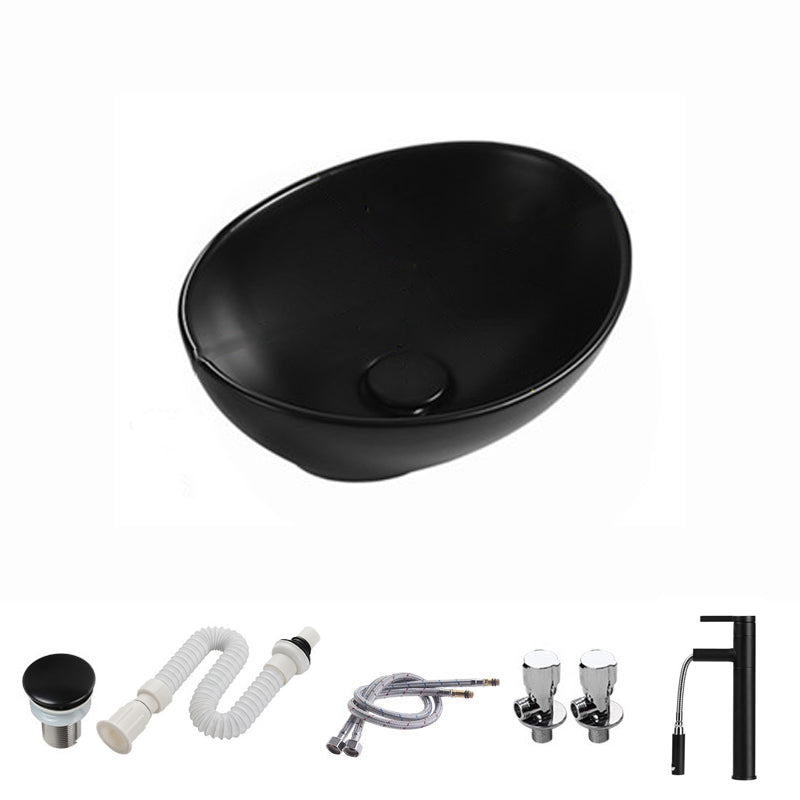 Modern Vessel Bathroom Sink Porcelain Oval with Pop-Up Drain and Faucet Vessel Sink