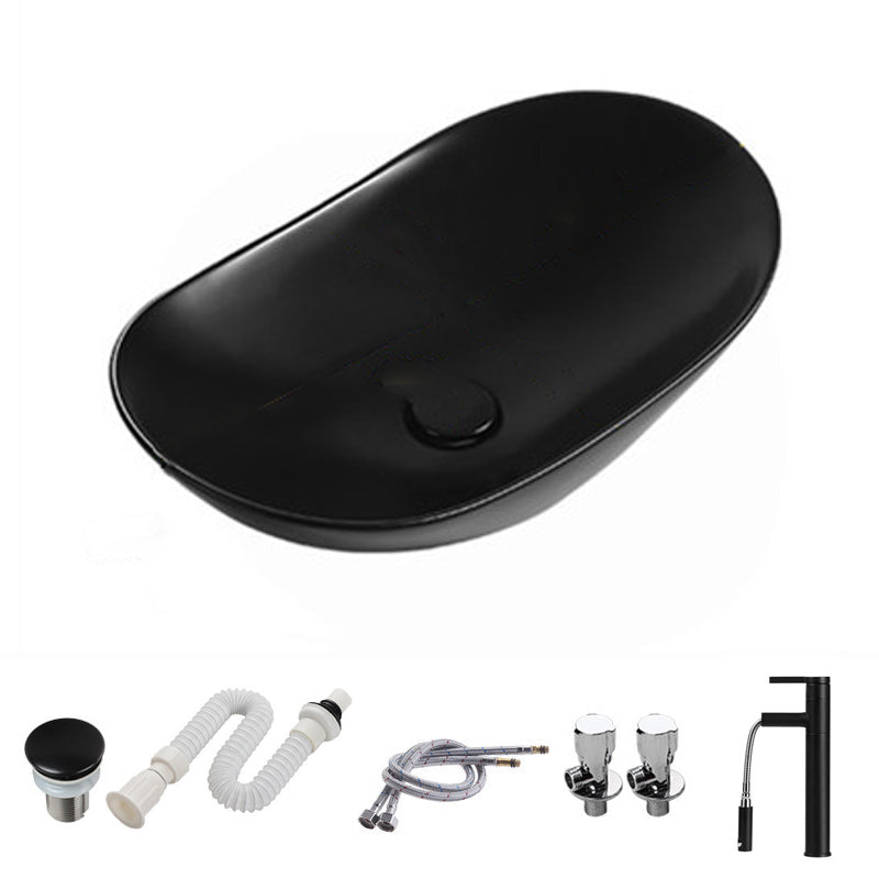 Modern Vessel Bathroom Sink Porcelain Oval with Pop-Up Drain and Faucet Vessel Sink