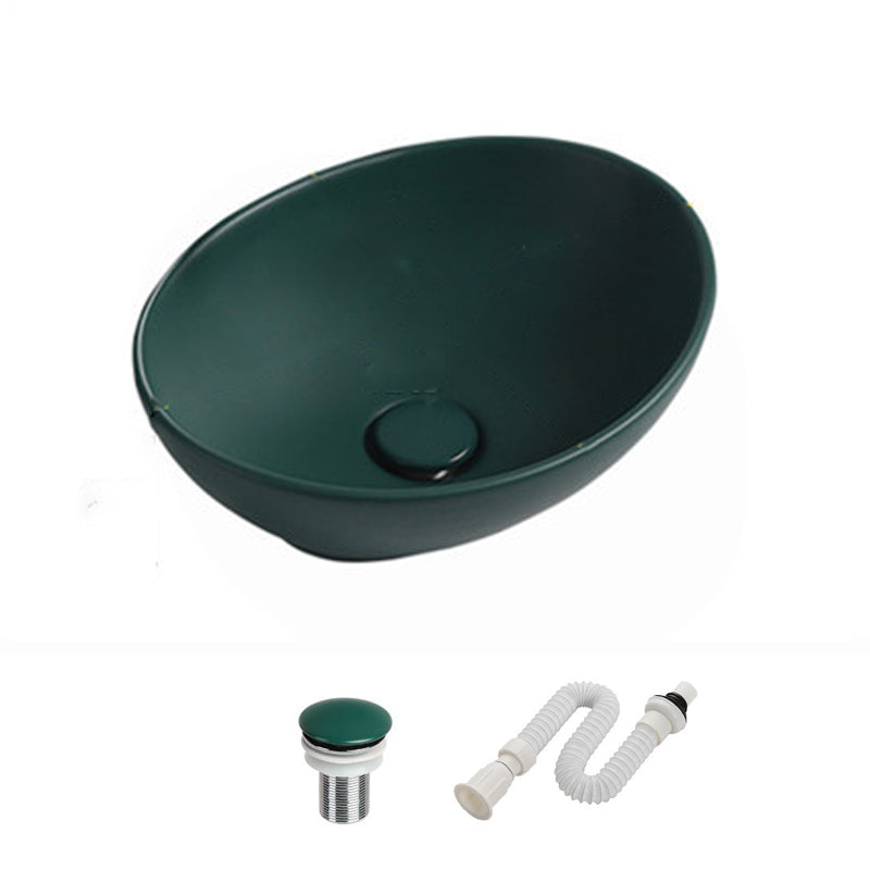 Modern Vessel Bathroom Sink Porcelain Oval with Pop-Up Drain and Faucet Vessel Sink