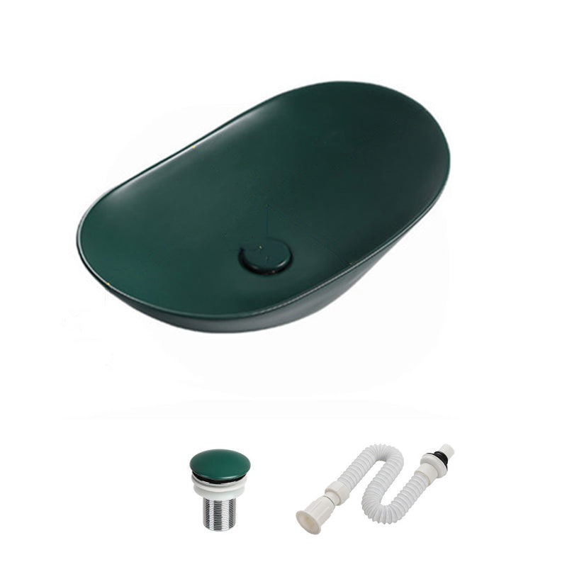 Modern Vessel Bathroom Sink Porcelain Oval with Pop-Up Drain and Faucet Vessel Sink