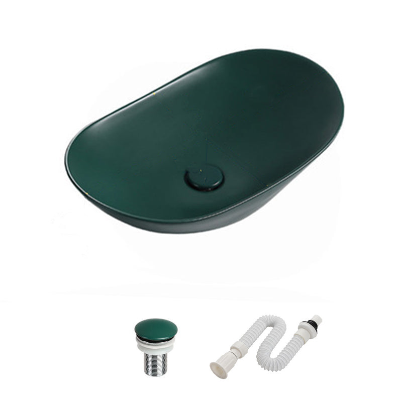Modern Vessel Bathroom Sink Porcelain Oval with Pop-Up Drain and Faucet Vessel Sink