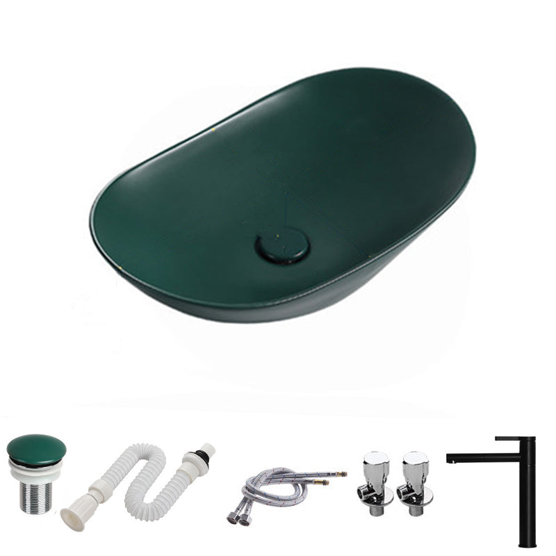 Modern Vessel Bathroom Sink Porcelain Oval with Pop-Up Drain and Faucet Vessel Sink