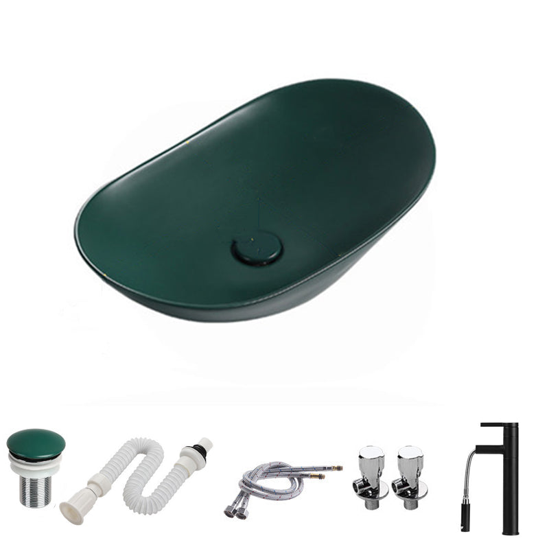 Modern Vessel Bathroom Sink Porcelain Oval with Pop-Up Drain and Faucet Vessel Sink