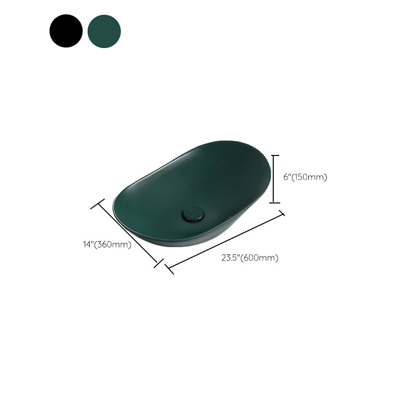 Modern Vessel Bathroom Sink Porcelain Oval with Pop-Up Drain and Faucet Vessel Sink