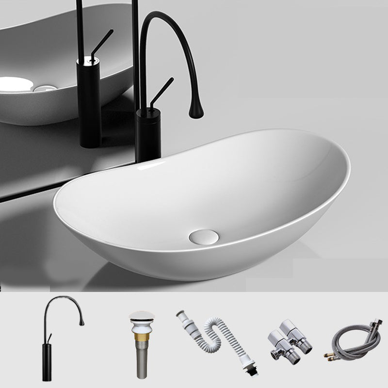 Modern Vessel Bathroom Sink Oval Porcelain with Faucet and Drain Assembly Basin Sink