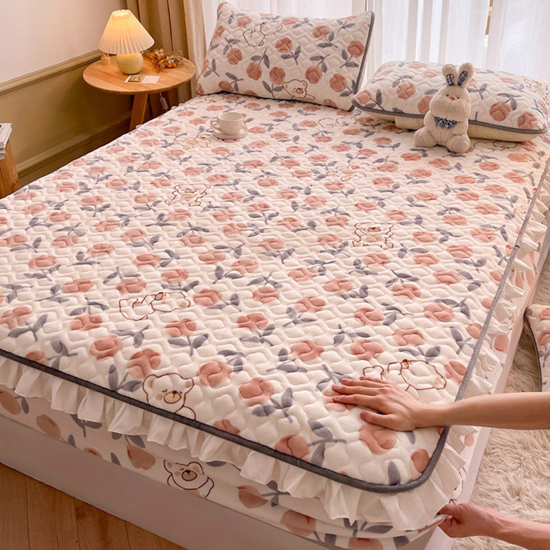 Fitted Sheet Flannel Floral Printed Breathable Wrinkle Resistant Super Soft Bed Sheet Set