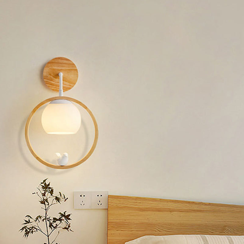 Modernism Wood Lighting Globe White Glass Shaded Wall Light for Foyer