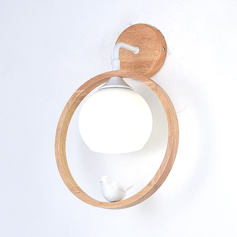 Modernism Wood Lighting Globe White Glass Shaded Wall Light for Foyer