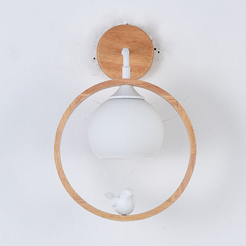 Modernism Wood Lighting Globe White Glass Shaded Wall Light for Foyer